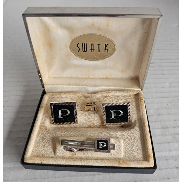 VTG Swank Tie Clip Bar Cufflink Set Letter Initial P Silver Tone & Black in Box - Picture 1 of 7